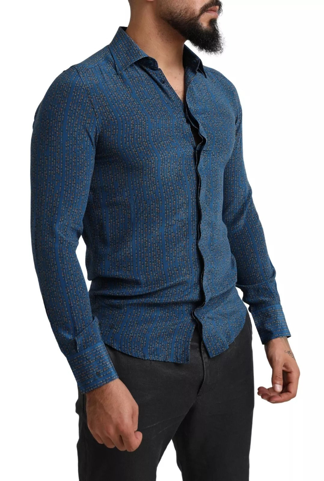 Dolce & Gabbana Blaues MARTINI Seidenhemd mit langen Ärmeln und schmaler Passform