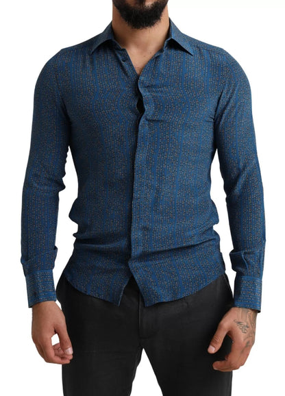 Dolce & Gabbana Blaues MARTINI Seidenhemd mit langen Ärmeln und schmaler Passform