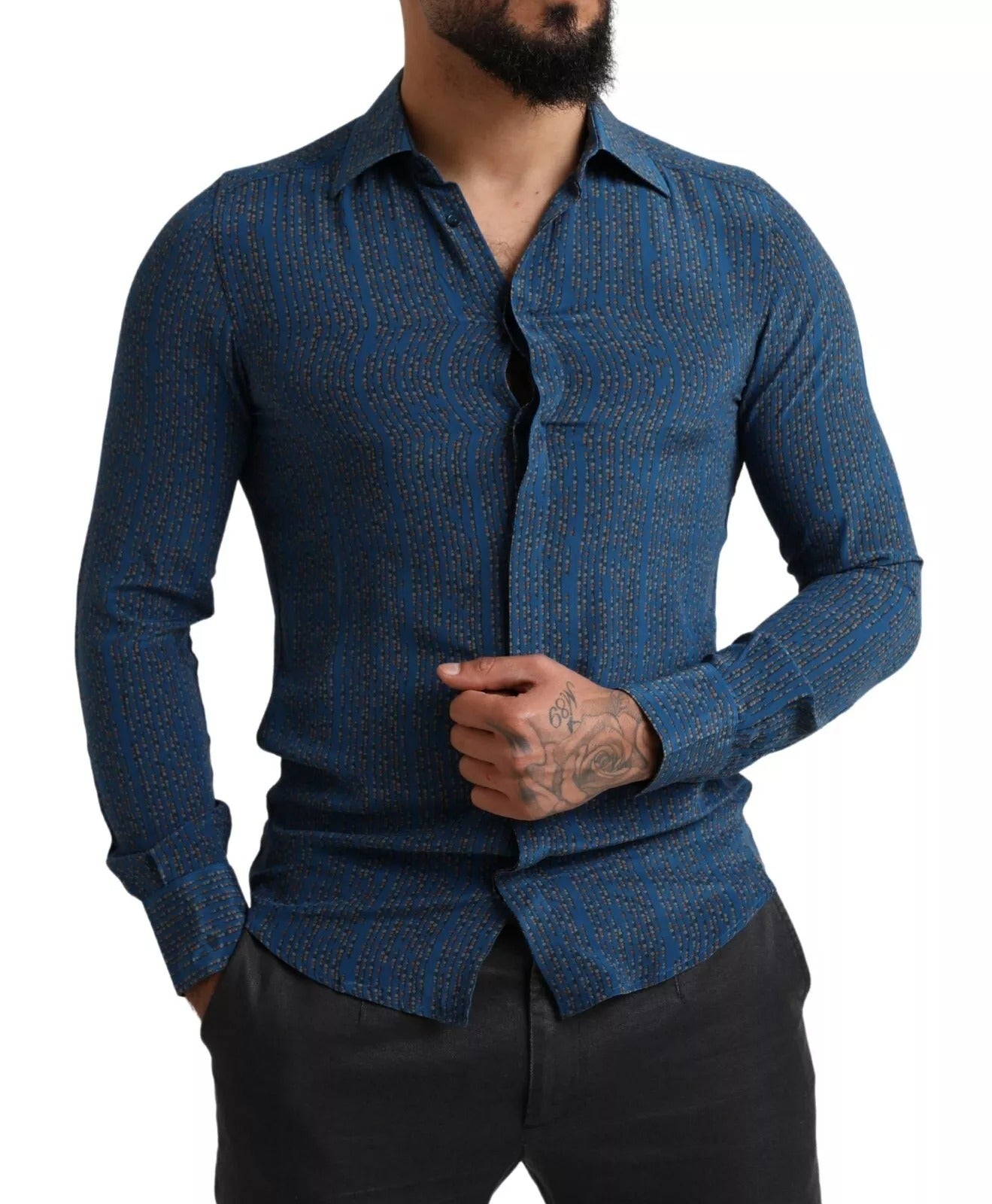 Dolce & Gabbana Blaues MARTINI Seidenhemd mit langen Ärmeln und schmaler Passform