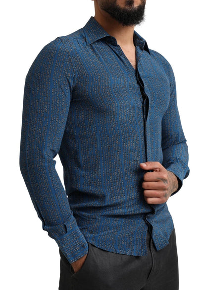 Dolce & Gabbana Blaues MARTINI Seidenhemd mit langen Ärmeln und schmaler Passform