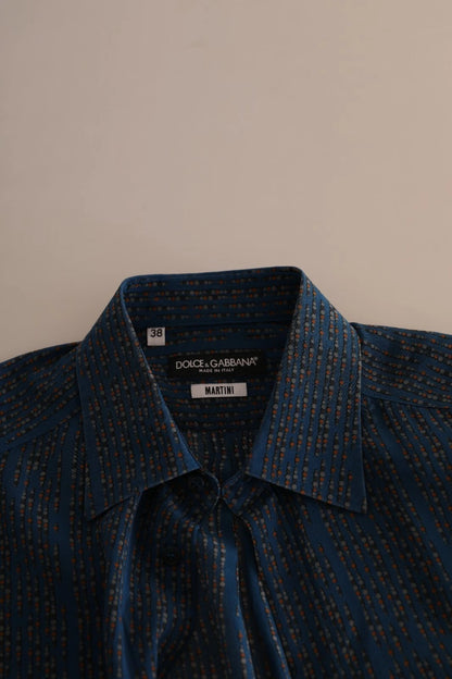 Dolce & Gabbana Blaues MARTINI Seidenhemd mit langen Ärmeln und schmaler Passform