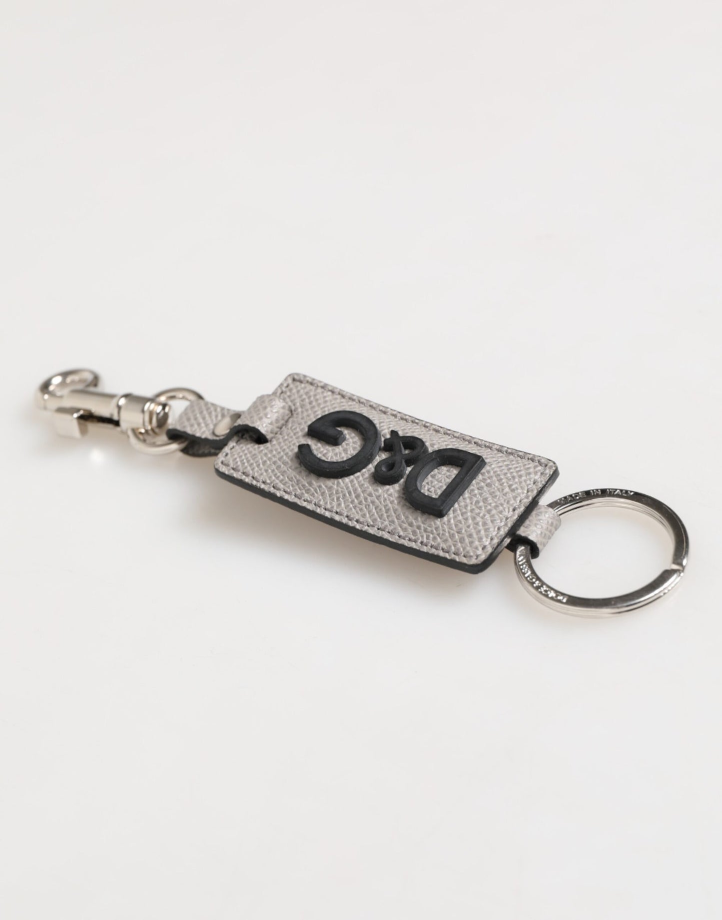 Dolce & Gabbana Graues Leder Logo Metall Ring Schlüsselanhänger Halter Männer Schlüsselanhänger