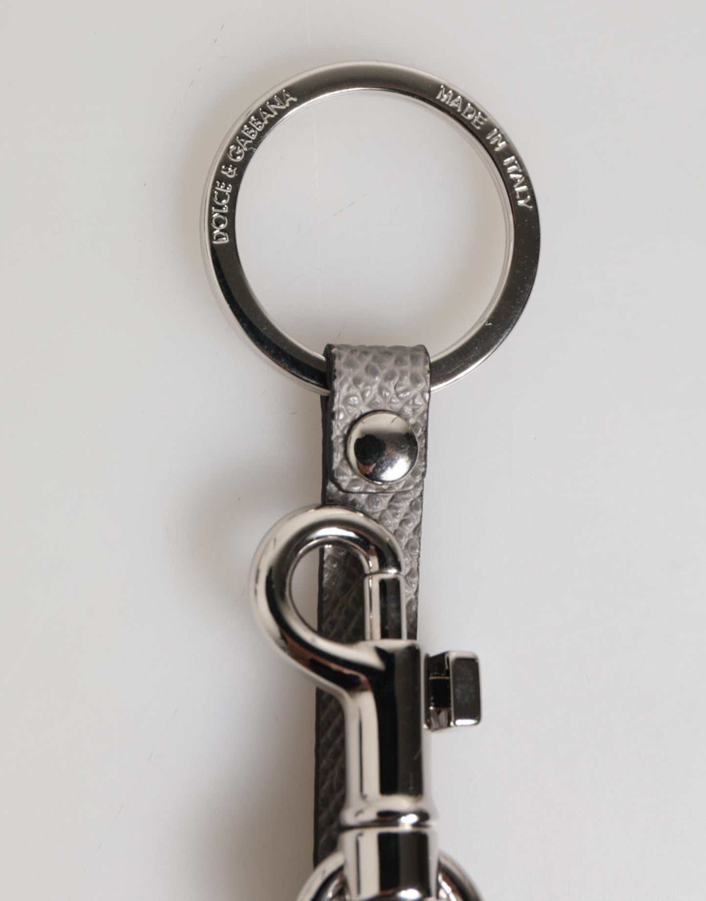 Dolce & Gabbana Graues Leder Logo Metall Ring Schlüsselanhänger Halter Männer Schlüsselanhänger