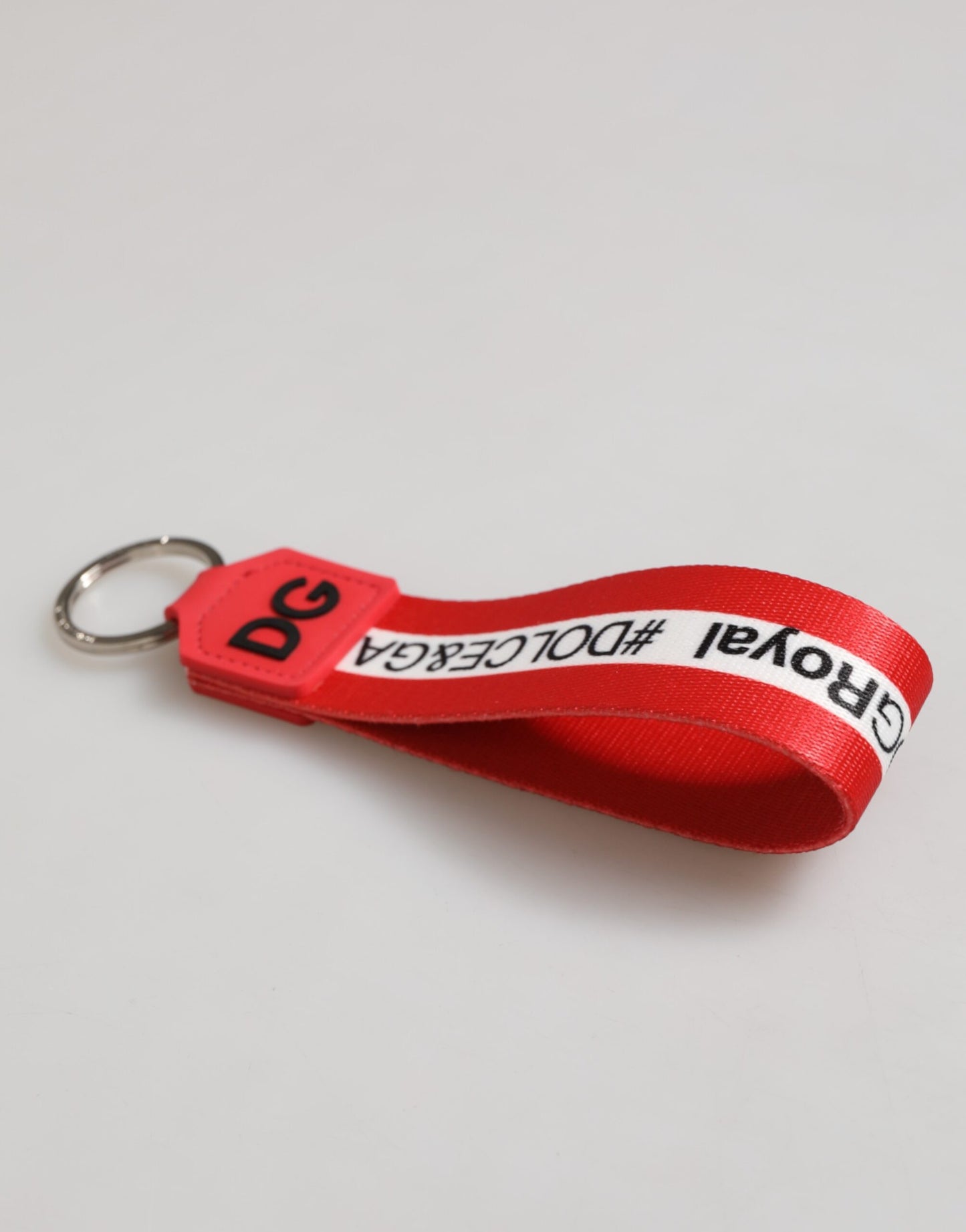 Dolce & Gabbana Rotes Logo Polyester Silber Messing Halter Schlüsselanhänger Männer Schlüsselring