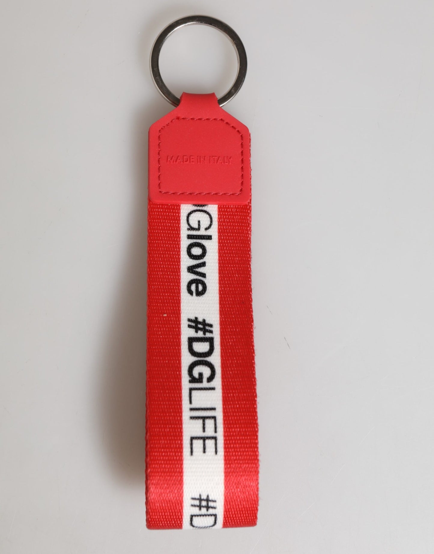 Dolce & Gabbana Rotes Logo Polyester Silber Messing Halter Schlüsselanhänger Männer Schlüsselring