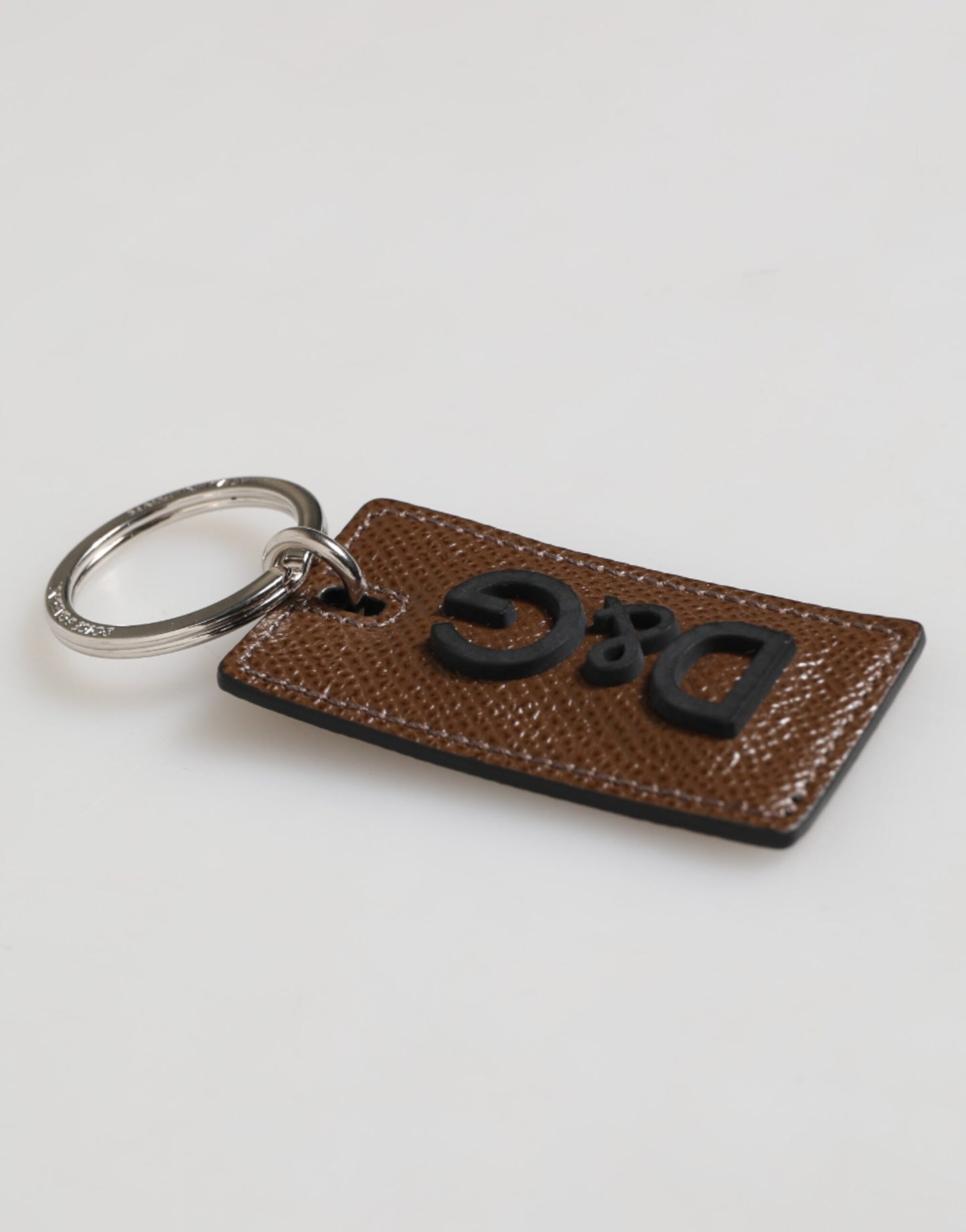 Dolce & Gabbana Dunkelbraunes Leder Logo Metallring Schlüsselanhänger Schlüsselanhänger