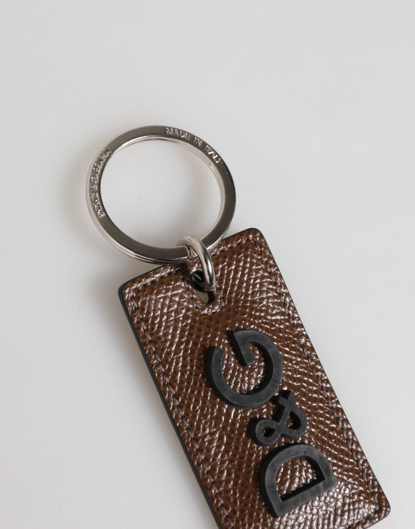 Dolce & Gabbana Dunkelbraunes Leder Logo Metallring Schlüsselanhänger Schlüsselanhänger