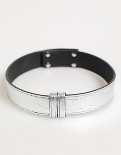 Dolce & Gabbana Silbernes strukturiertes Leder, goldfarbenes Metallhalsband