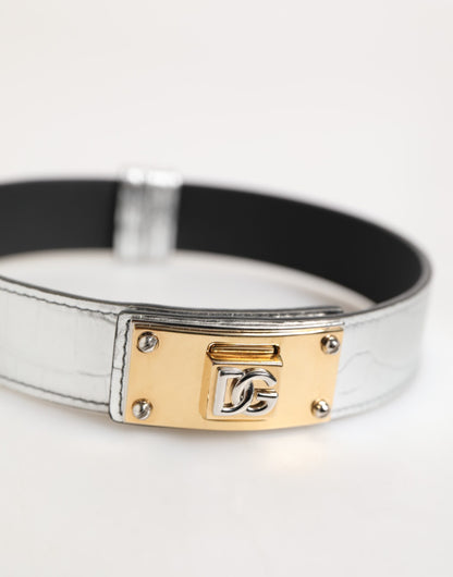 Dolce & Gabbana Silbernes strukturiertes Leder, goldfarbenes Metallhalsband