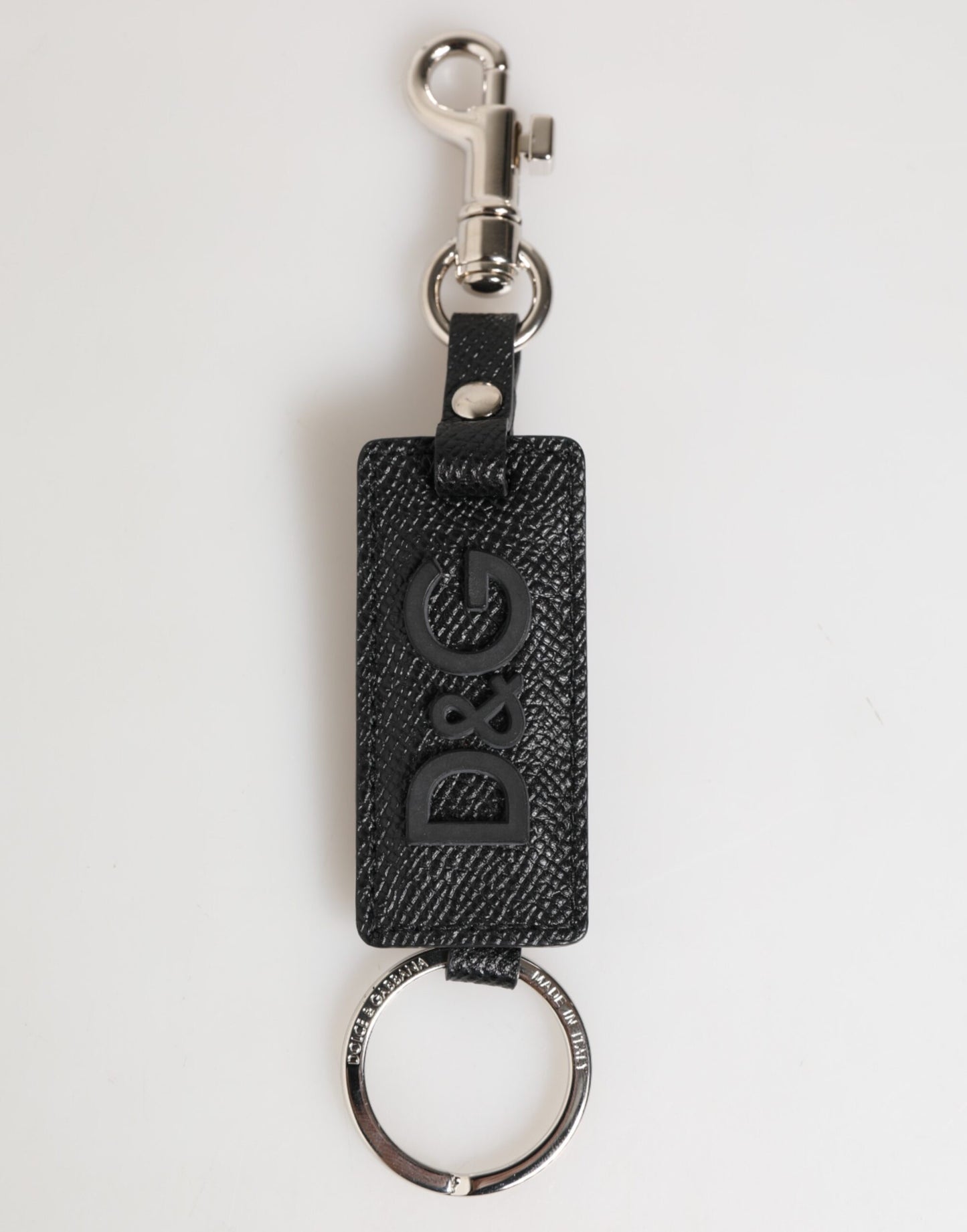Dolce & Gabbana Schwarzes Leder Logo Metallring Schlüsselanhänger Halter Schlüsselring
