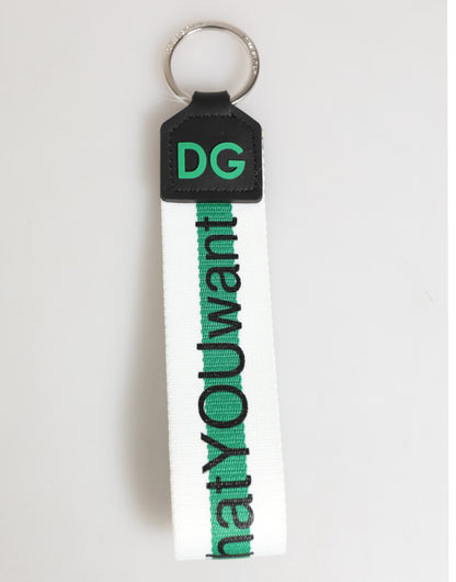 Dolce & Gabbana Grünes Logo Polyester Silber Messing Halter Schlüsselanhänger Schlüsselring
