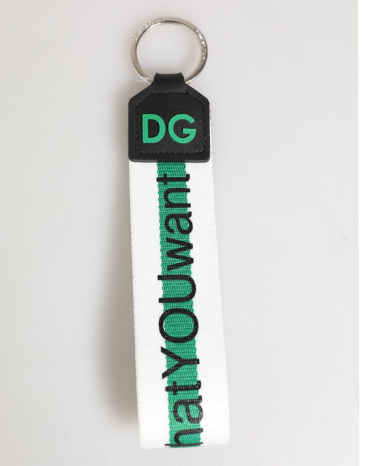 Dolce & Gabbana Grünes Logo Polyester Silber Messing Halter Schlüsselanhänger Schlüsselring