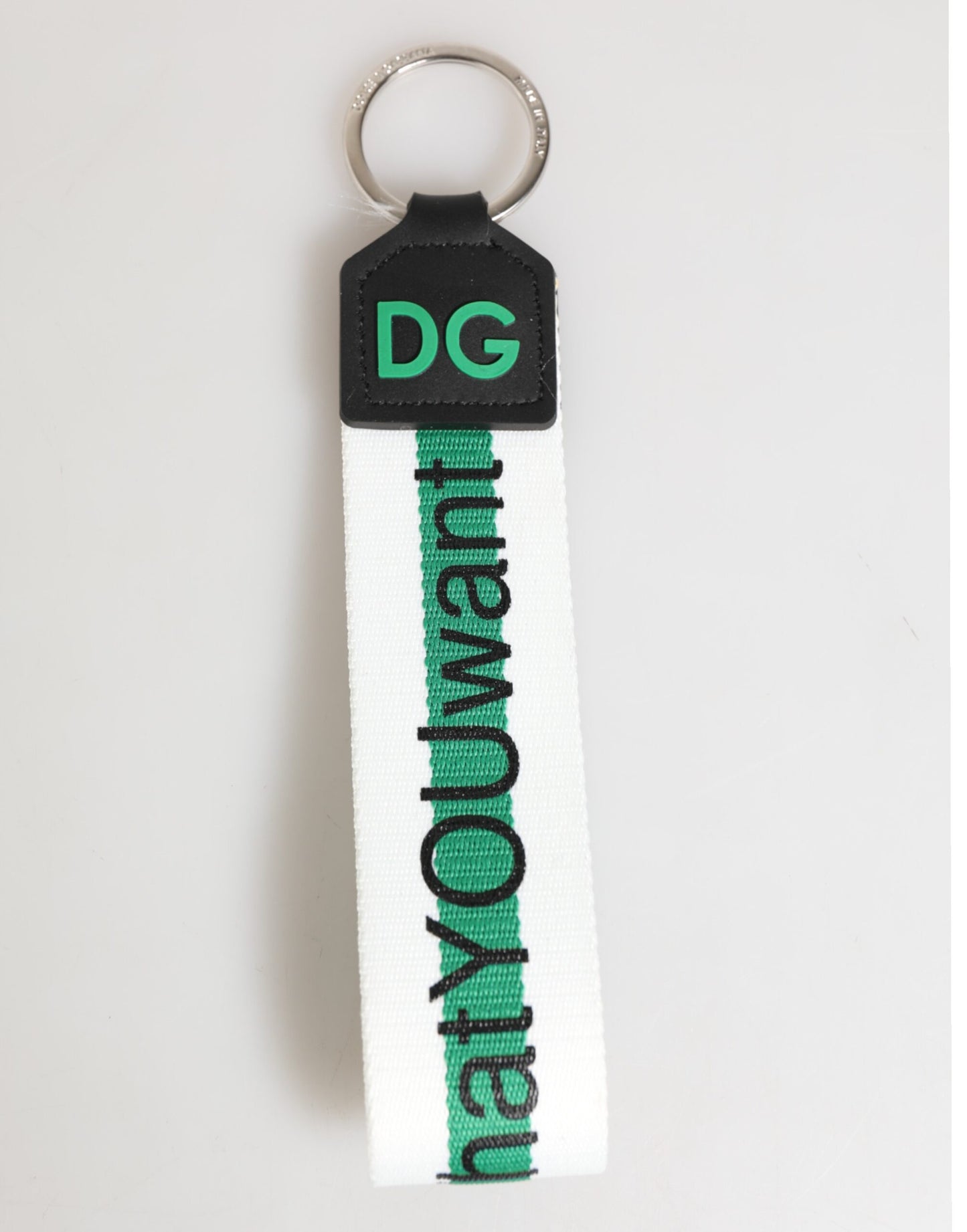 Dolce & Gabbana Grünes Logo Polyester Silber Messing Halter Schlüsselanhänger Schlüsselring