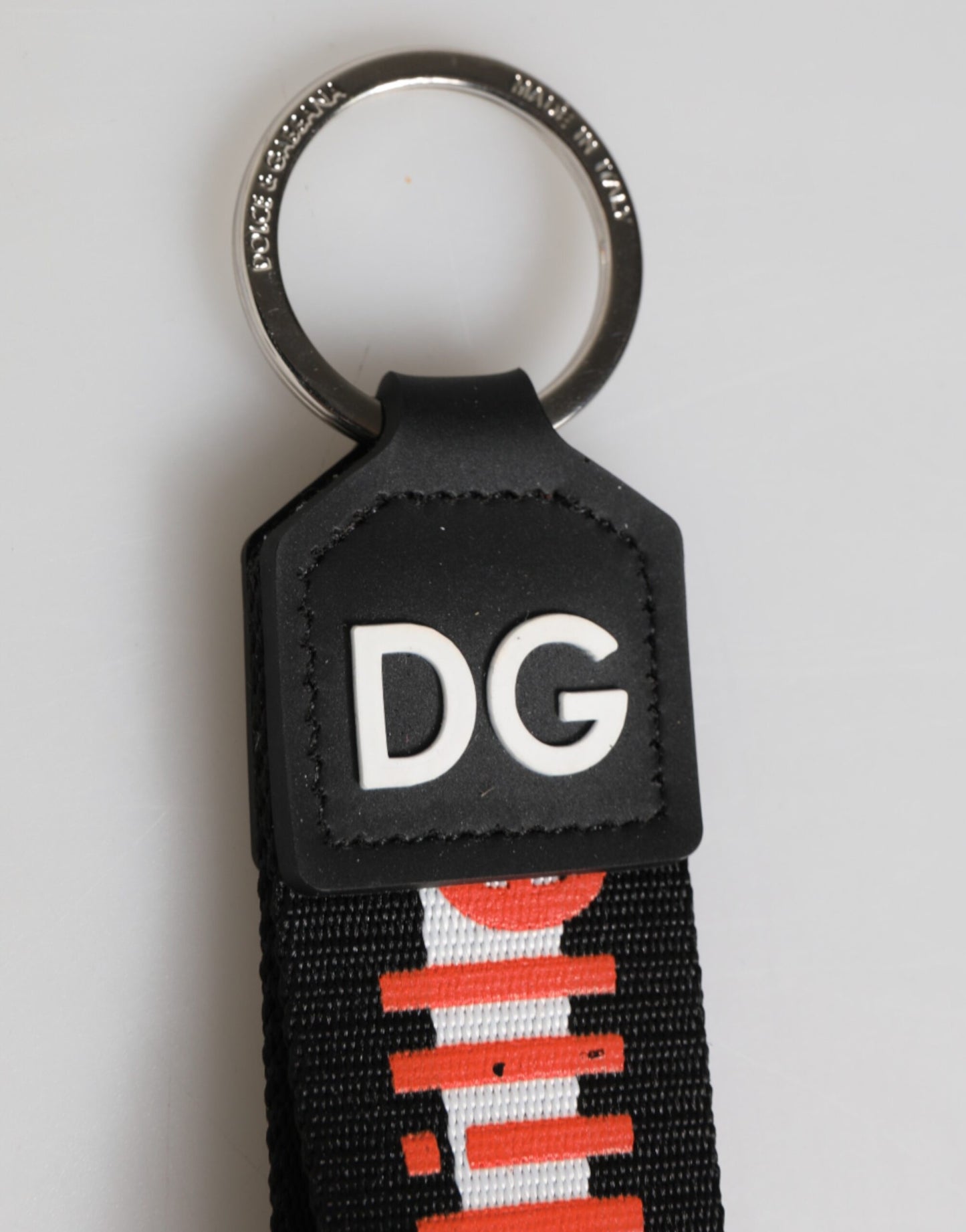 Dolce & Gabbana Schwarz Rot Logo Polyester Messing Halter Schlüsselanhänger Schlüsselanhänger