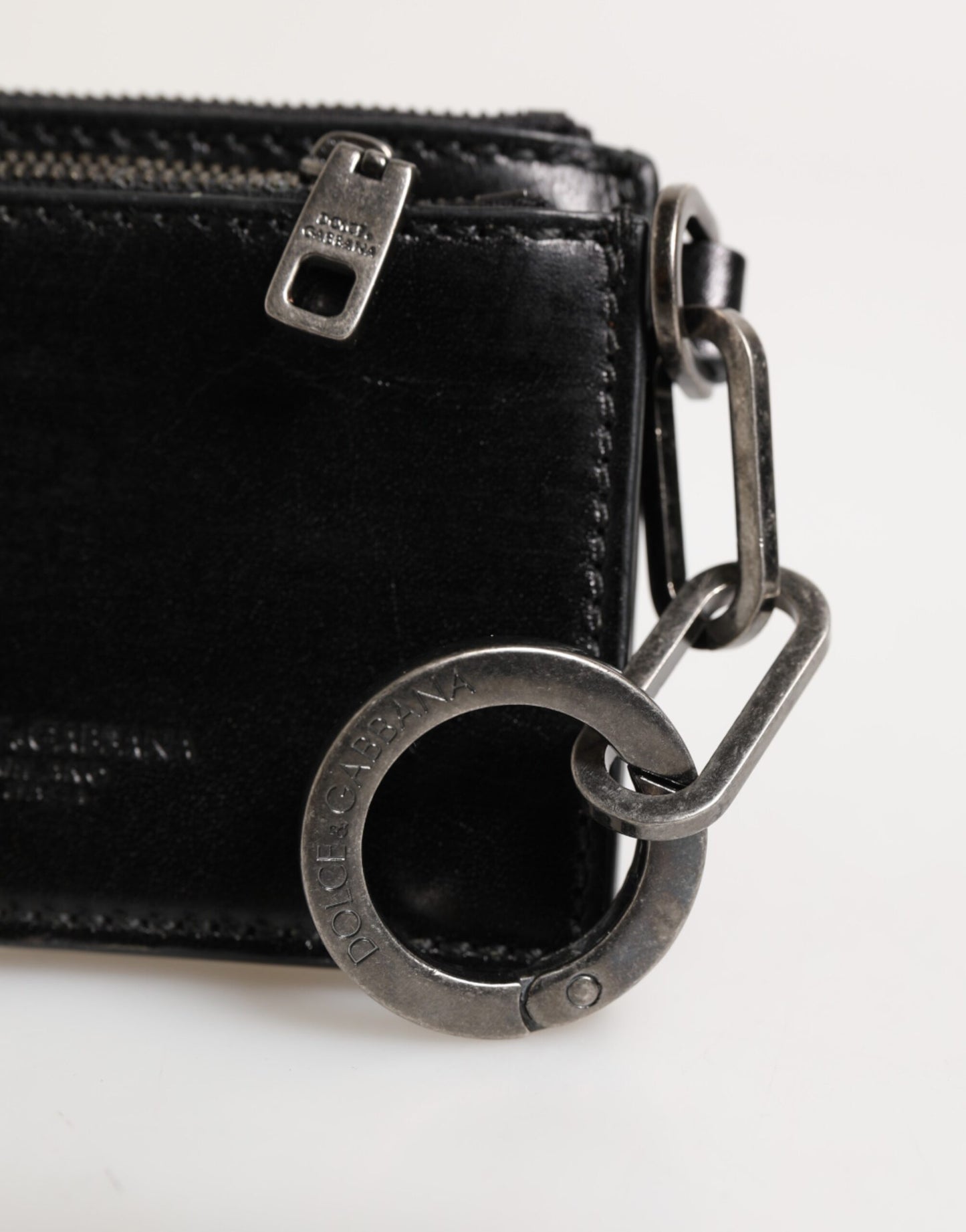 Dolce & Gabbana Schwarzes Leder Zip Logo Schlüsselanhänger Münzgeldbörse Schlüsselanhänger Geldbörse