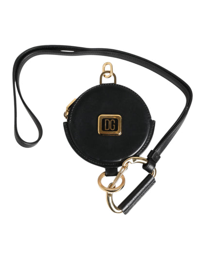 Dolce & Gabbana Schwarzes rundes Leder DG Logo Münzgeldbörse Lanyard Wallet