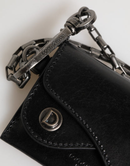 Dolce & Gabbana Schwarzes Cavallo Leder Portemonnaie Kette Snap Bifold Card Holder