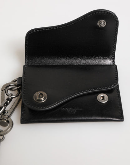 Dolce & Gabbana Schwarzes Cavallo Leder Portemonnaie Kette Snap Bifold Card Holder