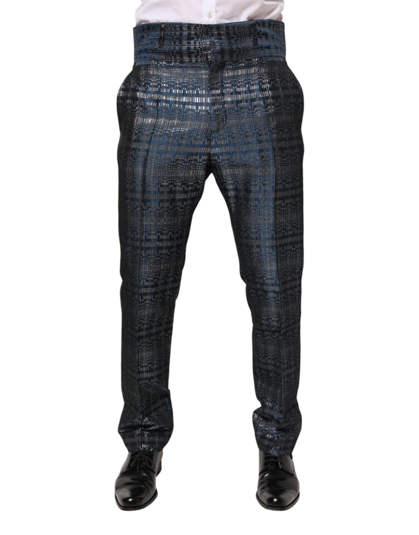 Dolce & Gabbana Blau Silber Glänzende Seide Skinny Männer Hosen Hosen