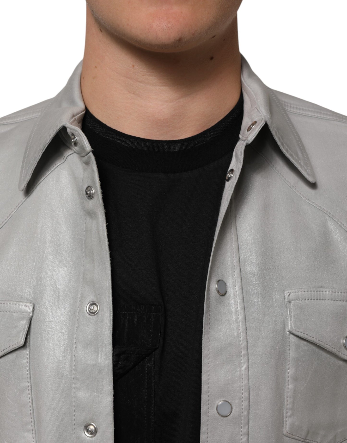 Dolce & Gabbana Graues Hemd aus beschichteter Baumwolle mit Druckknopf Logo für Männer