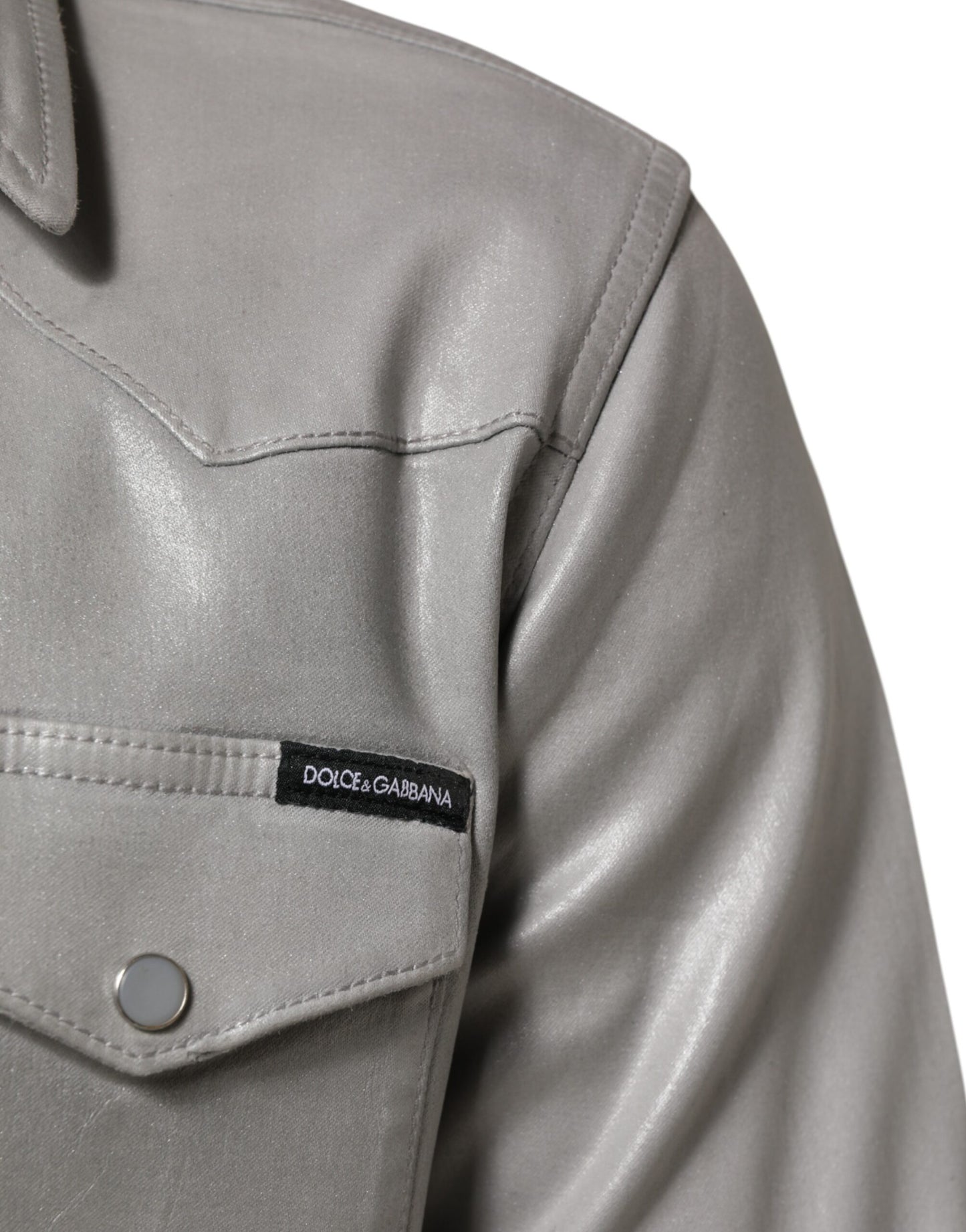 Dolce & Gabbana Graues Hemd aus beschichteter Baumwolle mit Druckknopf Logo für Männer
