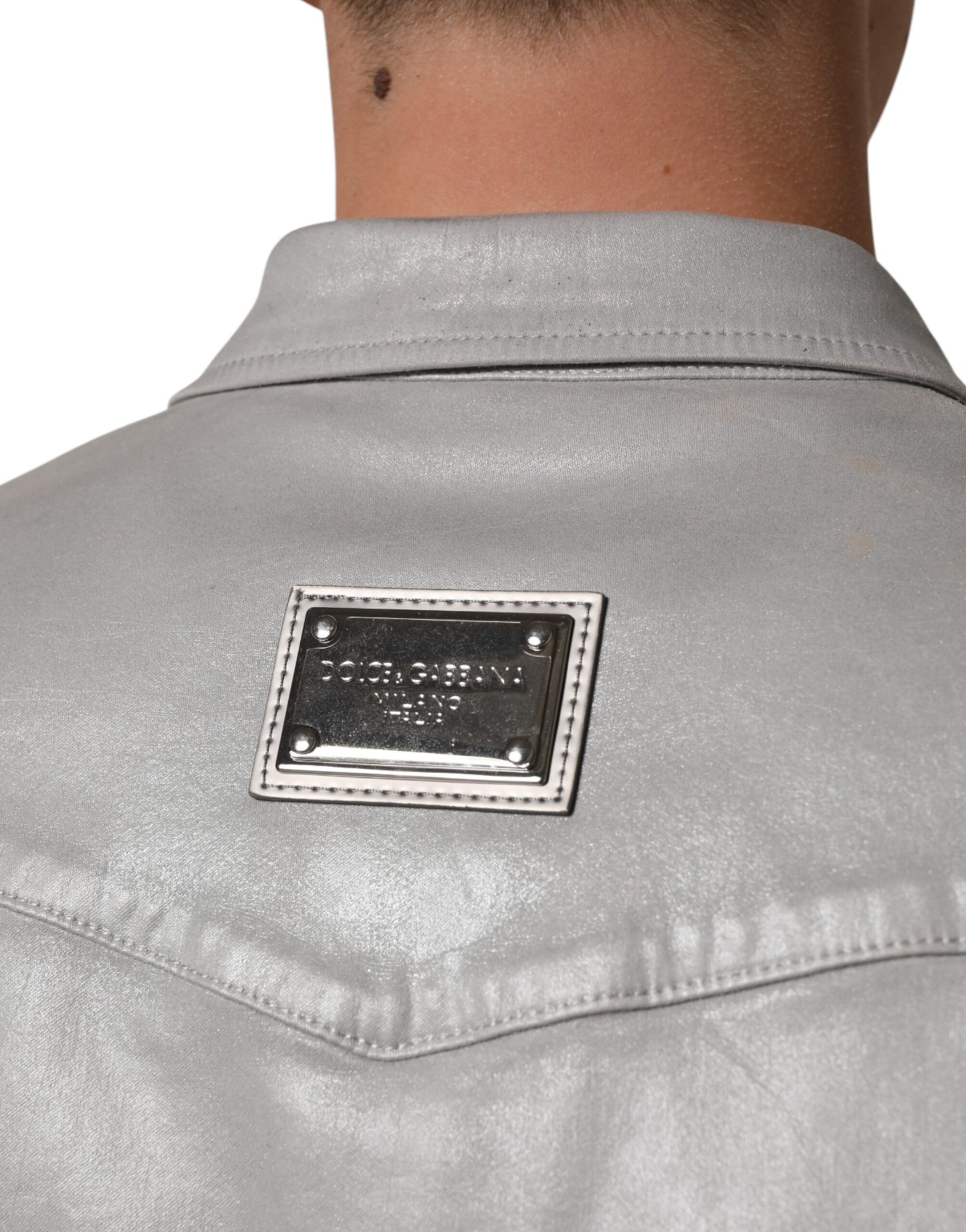 Dolce & Gabbana Graues Hemd aus beschichteter Baumwolle mit Druckknopf Logo für Männer