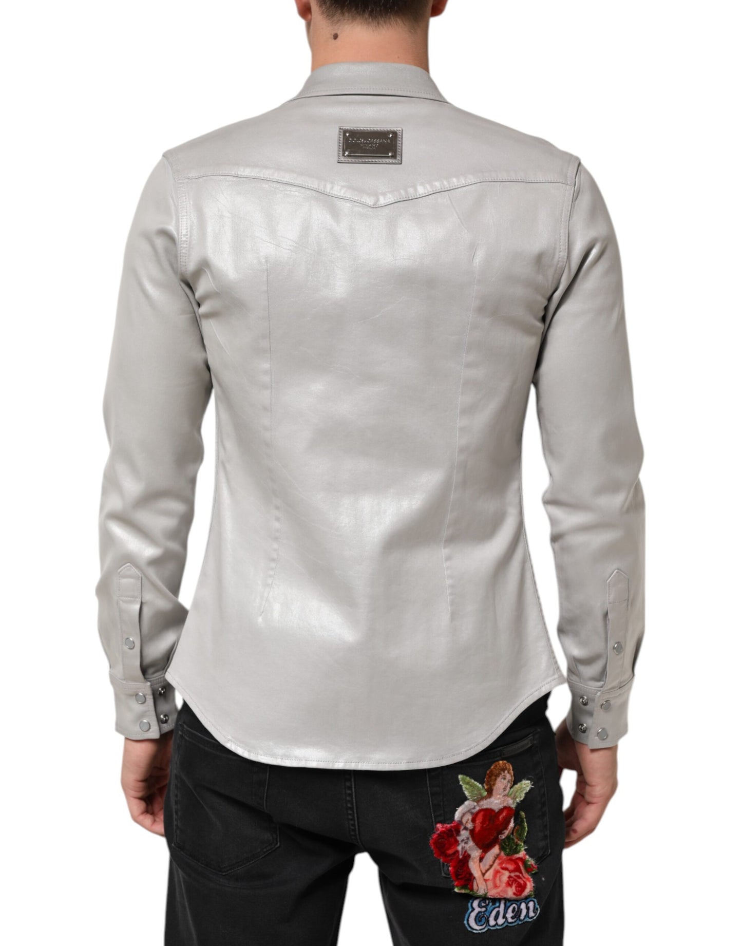 Dolce & Gabbana Metallisch graues Baumwollhemd mit Knopfleiste für Männer