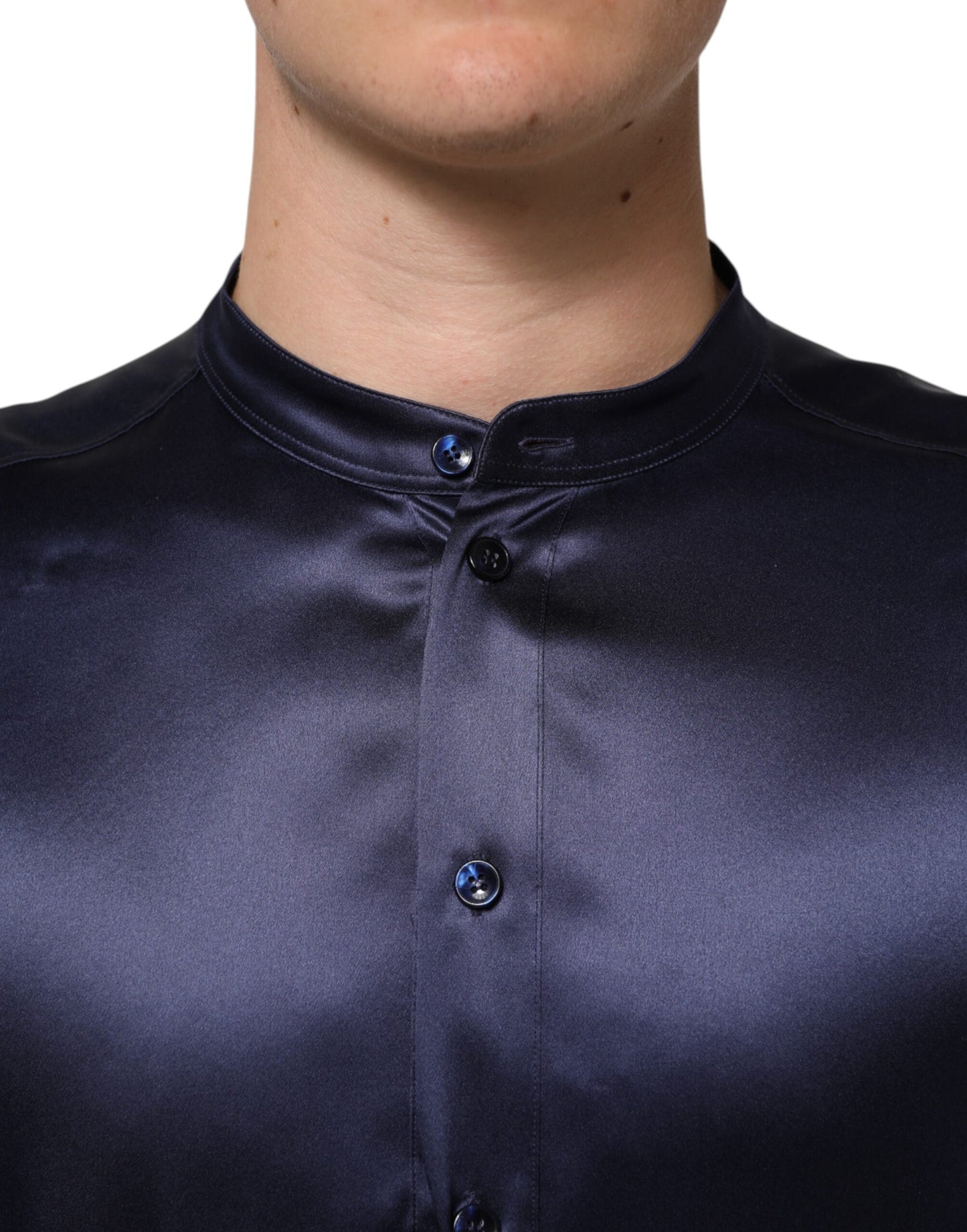 Dolce & Gabbana Marineblaues Seidenhemd mit langen Ärmeln und Mandarinenkragen
