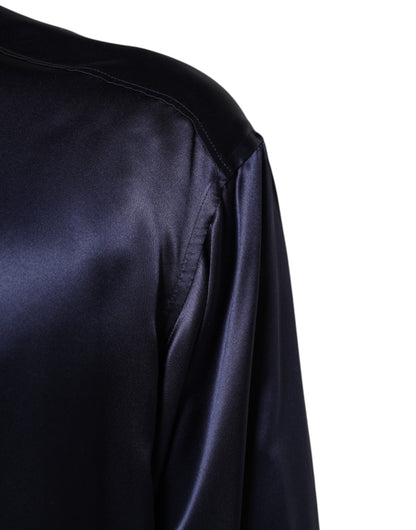 Dolce & Gabbana Marineblaues Seidenhemd mit langen Ärmeln und Mandarinenkragen