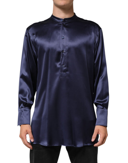 Dolce & Gabbana Marineblaues Seidenhemd mit langen Ärmeln und Mandarinenkragen