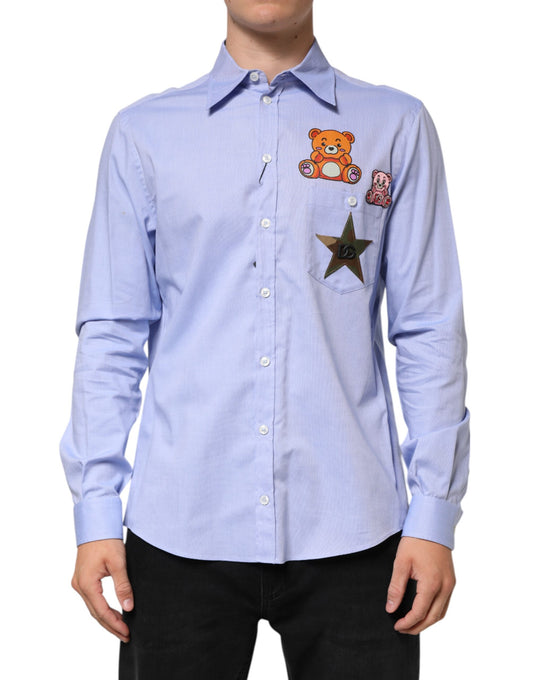 Dolce & Gabbana Hellblaues Baumwoll-Teddybär-Langarmhemd