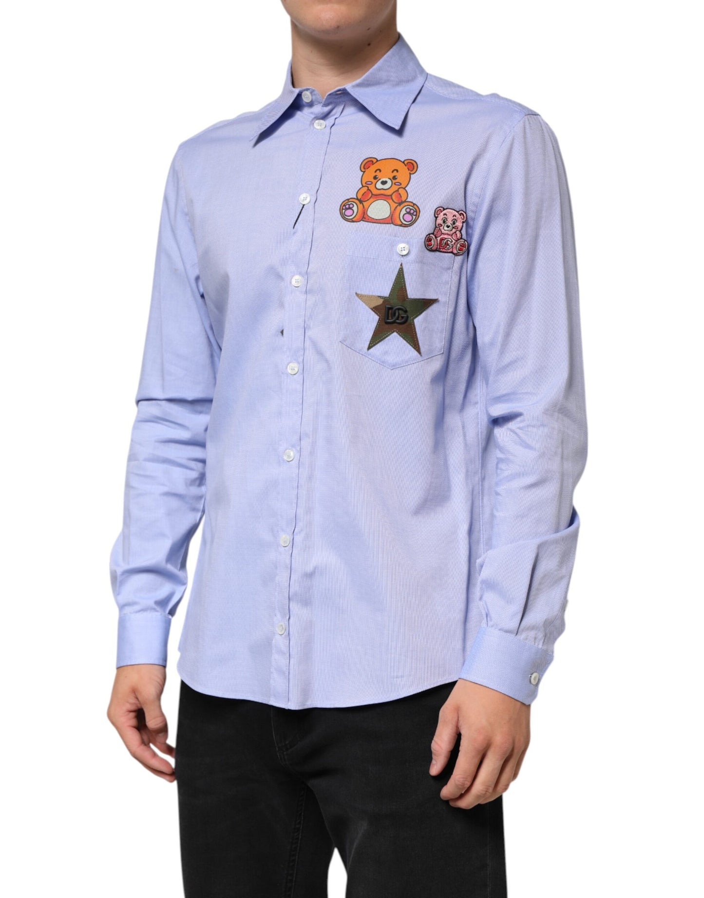 Dolce & Gabbana Hellblaues Baumwoll-Teddybär-Langarmhemd