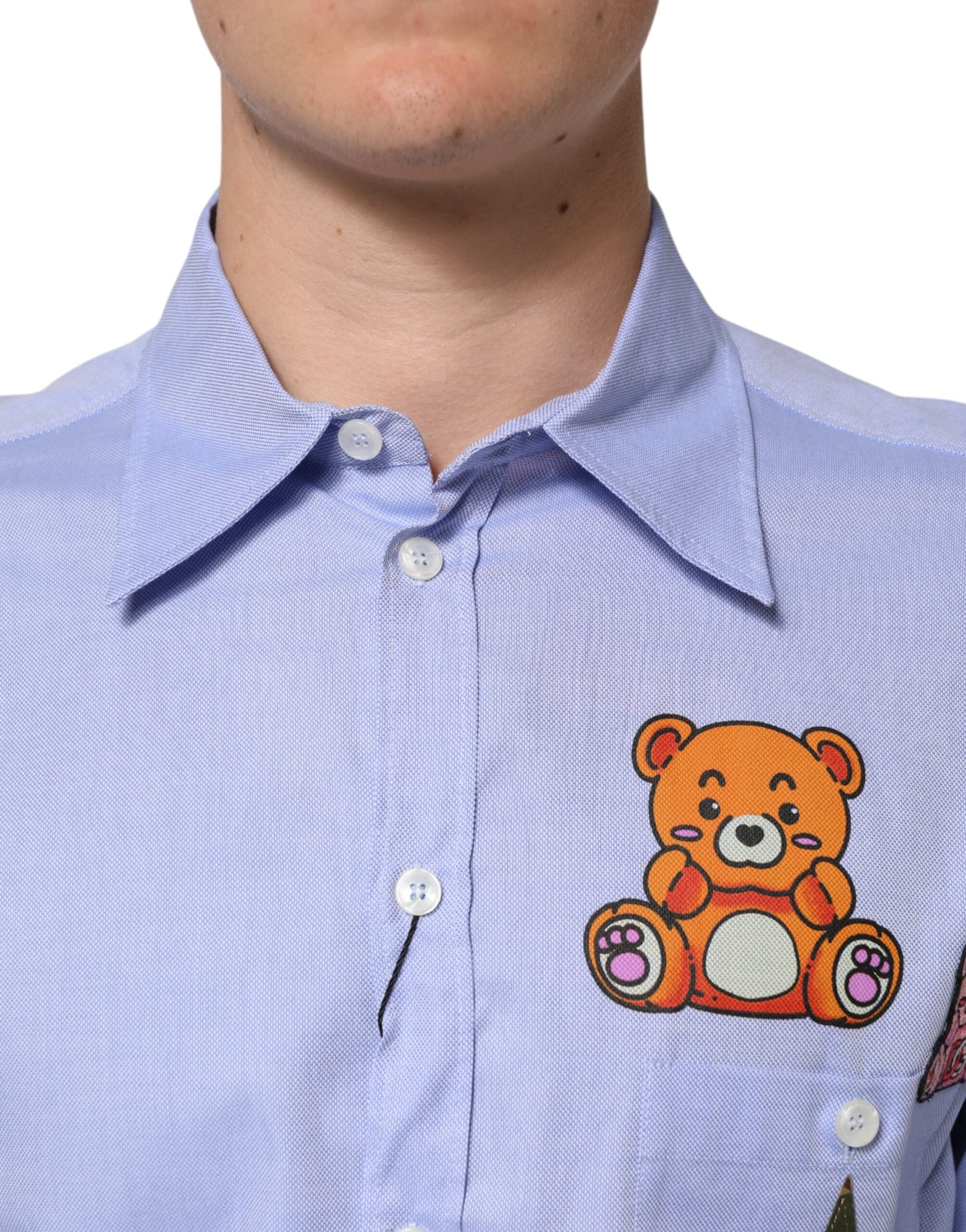 Dolce & Gabbana Hellblaues Baumwoll-Teddybär-Langarmhemd
