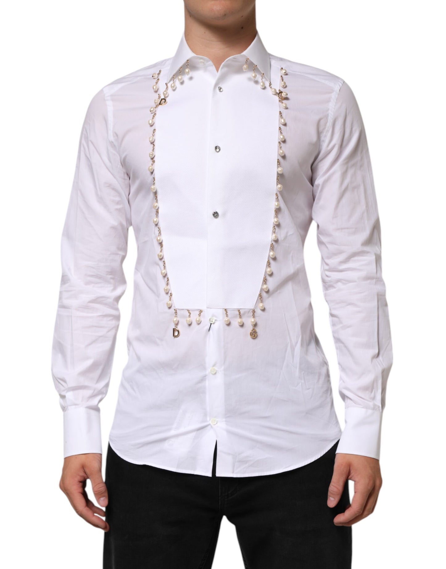 Dolce & Gabbana Weißes DG-Logo-Perlenkettenhemd aus Baumwolle