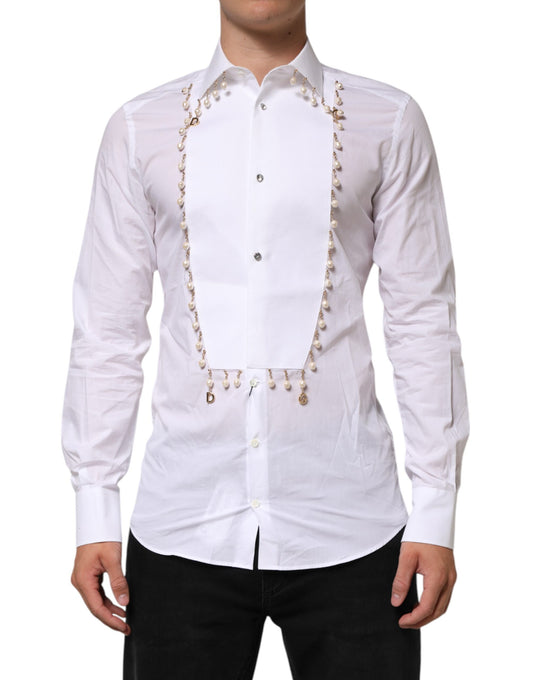 Dolce & Gabbana Weißes DG-Logo-Perlenkettenhemd aus Baumwolle