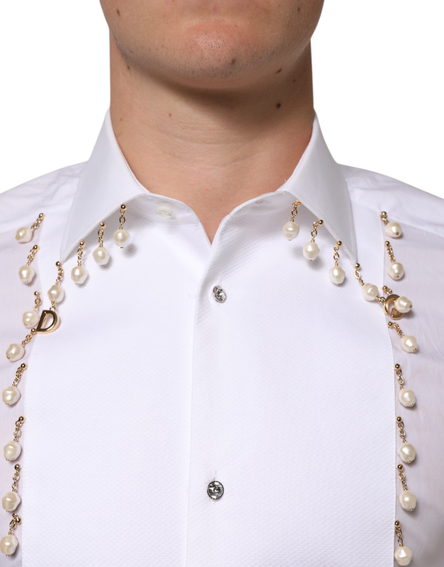 Dolce & Gabbana Weißes DG-Logo-Perlenkettenhemd aus Baumwolle