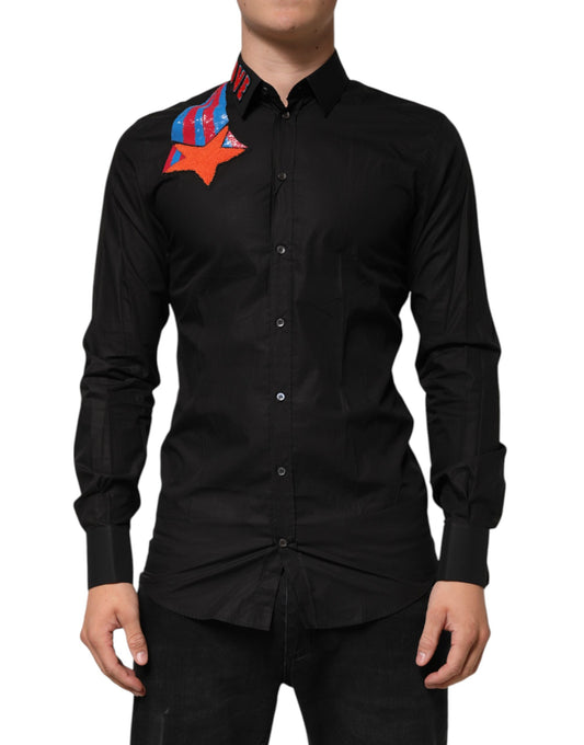 Dolce & Gabbana Schwarzes Baumwollstern-Paillettenkleid Formales Herrenhemd