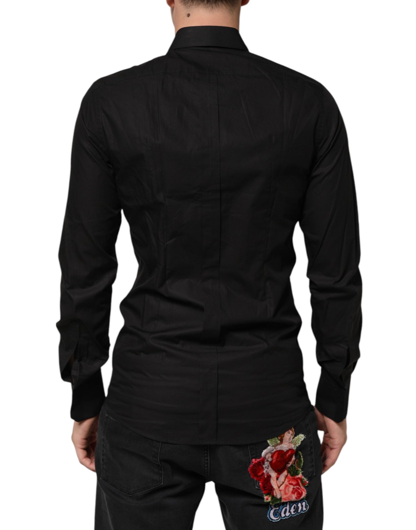 Dolce & Gabbana Schwarzes Baumwollstern-Paillettenkleid Formales Herrenhemd
