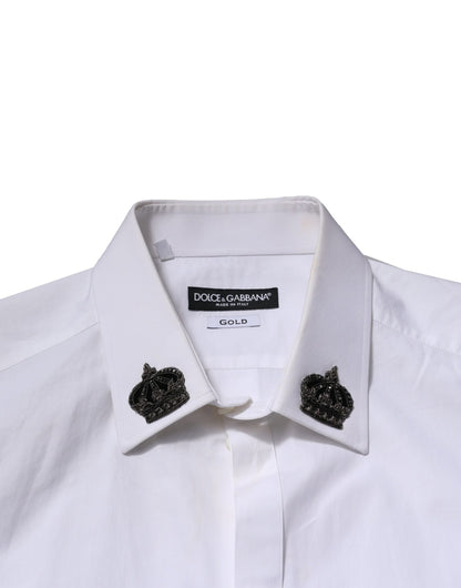 Dolce & Gabbana Weißes Hemd mit Kronen-Kragen GOLD aus Baumwolle