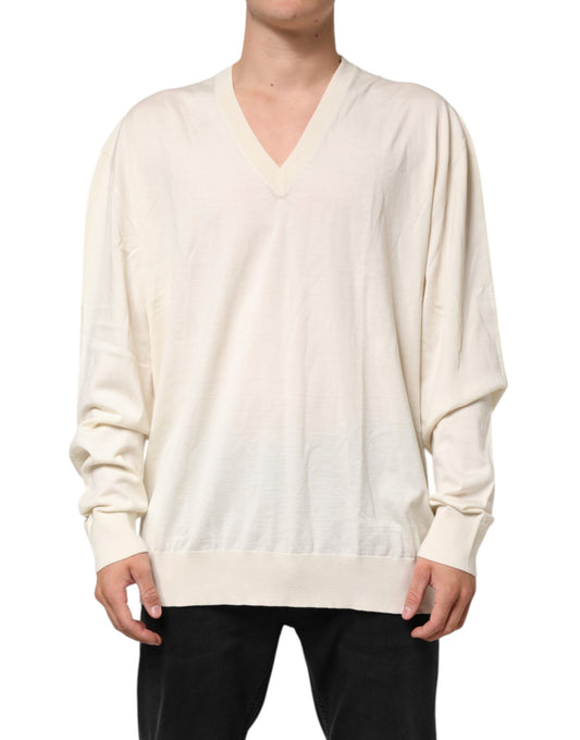 Dolce & Gabbana Elfenbeinfarbener Schurwollpullover mit V-Ausschnitt für Männer