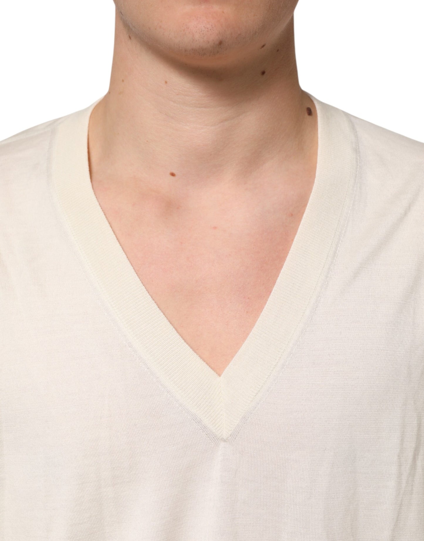 Dolce & Gabbana Elfenbeinfarbener Schurwollpullover mit V-Ausschnitt für Männer