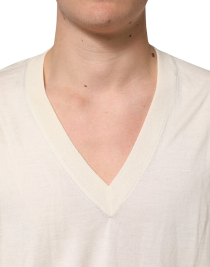 Dolce & Gabbana Elfenbeinfarbener Schurwollpullover mit V-Ausschnitt für Männer