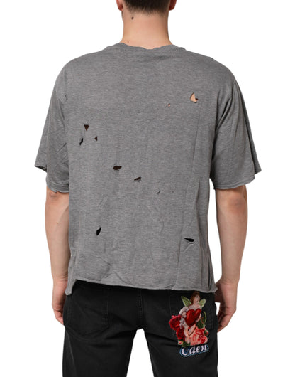 Dolce & Gabbana Graues Baumwoll-T-Shirt mit zerfetztem Logo-Aufnäher für Männer