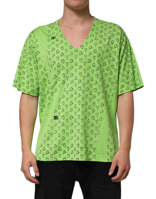 Dolce & Gabbana Grünes V-Ausschnitt-T-Shirt mit DG-Logo und Herzaufdruck