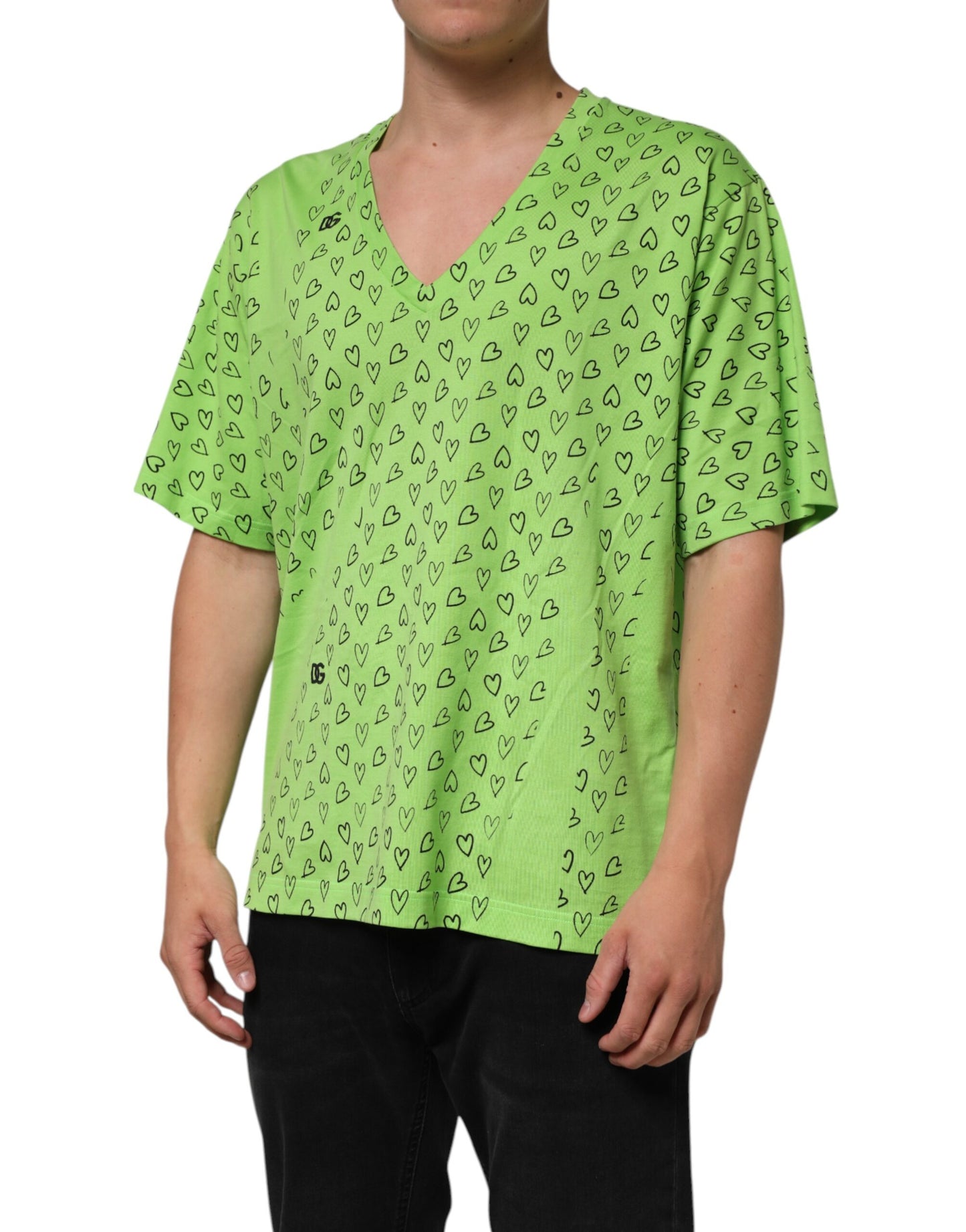 Dolce & Gabbana Grünes V-Ausschnitt-T-Shirt mit DG-Logo und Herzaufdruck