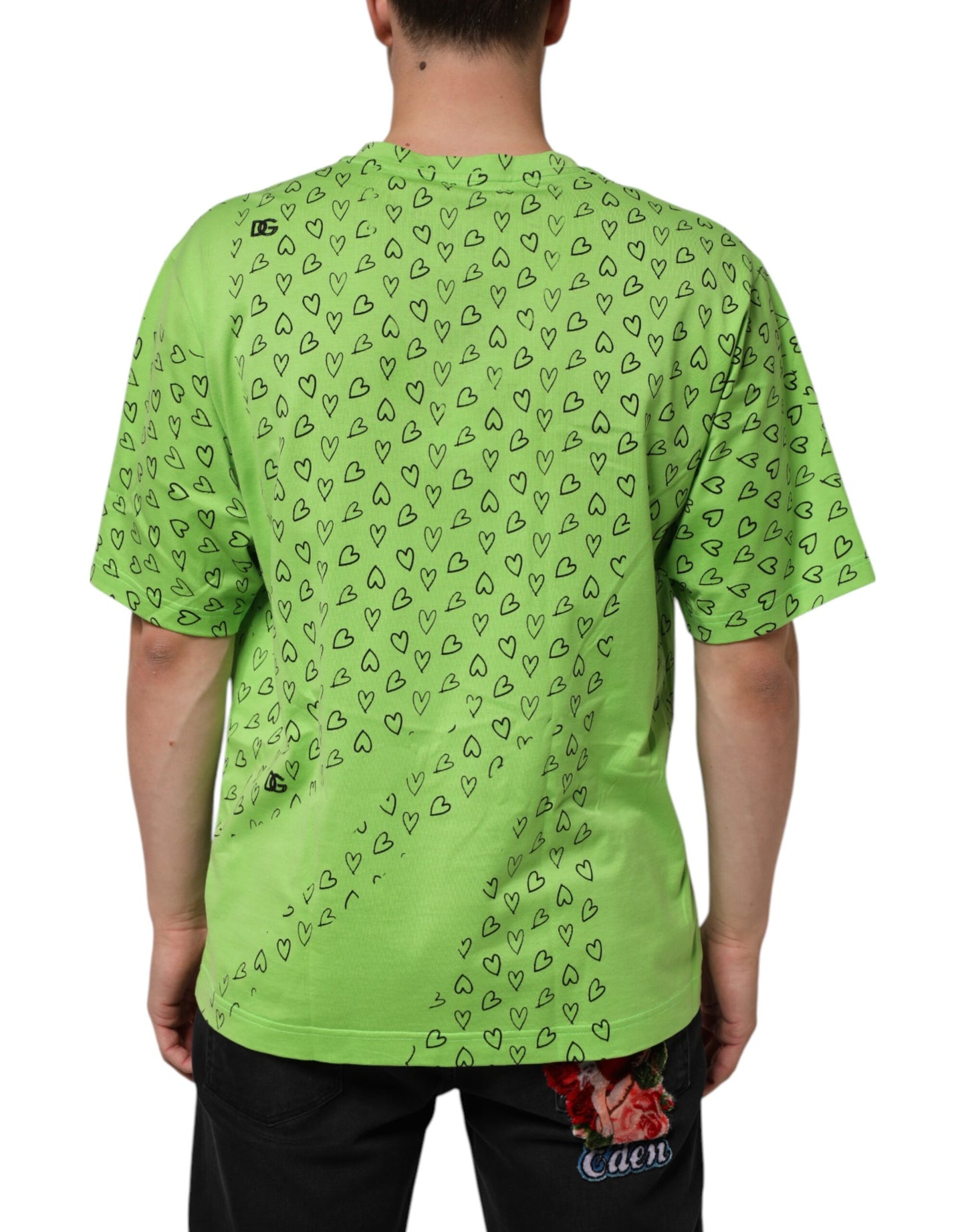 Dolce & Gabbana Grünes V-Ausschnitt-T-Shirt mit DG-Logo und Herzaufdruck