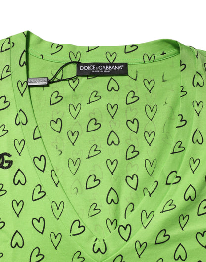 Dolce & Gabbana Grünes V-Ausschnitt-T-Shirt mit DG-Logo und Herzaufdruck
