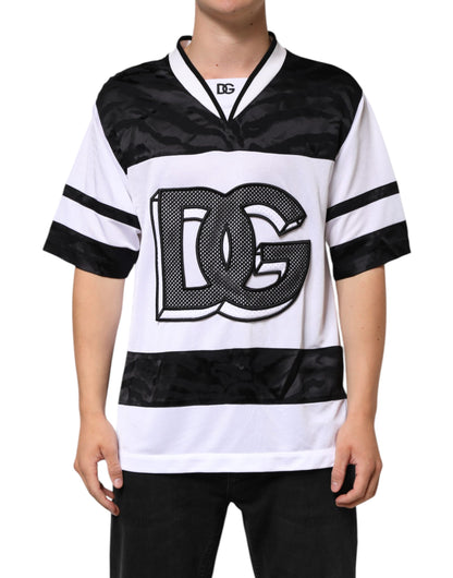 Dolce & Gabbana Weiß Schwarz Polyester DG Logo Mesh Jersey T-Shirt