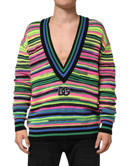Dolce & Gabbana Multicolor DG Logo V-Ausschnitt Strickpullover