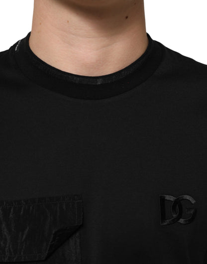 Dolce & Gabbana Schwarzes Baumwoll-T-Shirt mit gesticktem DG-Logo in der Tasche